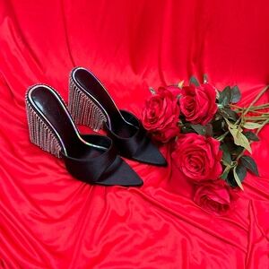 Elegant Black Satin Women's Shoes with Rhinestone Heels